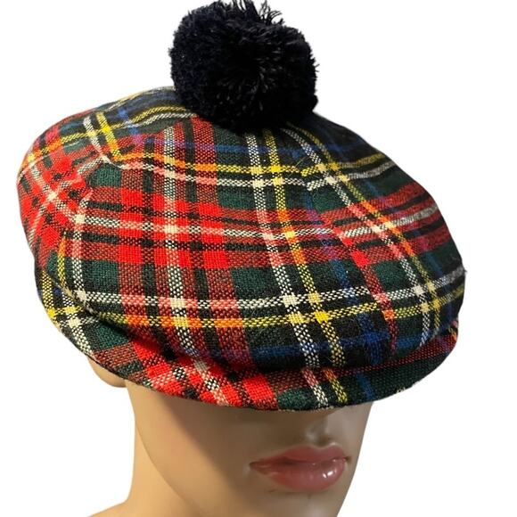 Foxhunter Newsboy Cap Hat Pure Wool Plaid Pom Pom Vintage Made In Ireland 7 1/8 - Picture 2 of 7